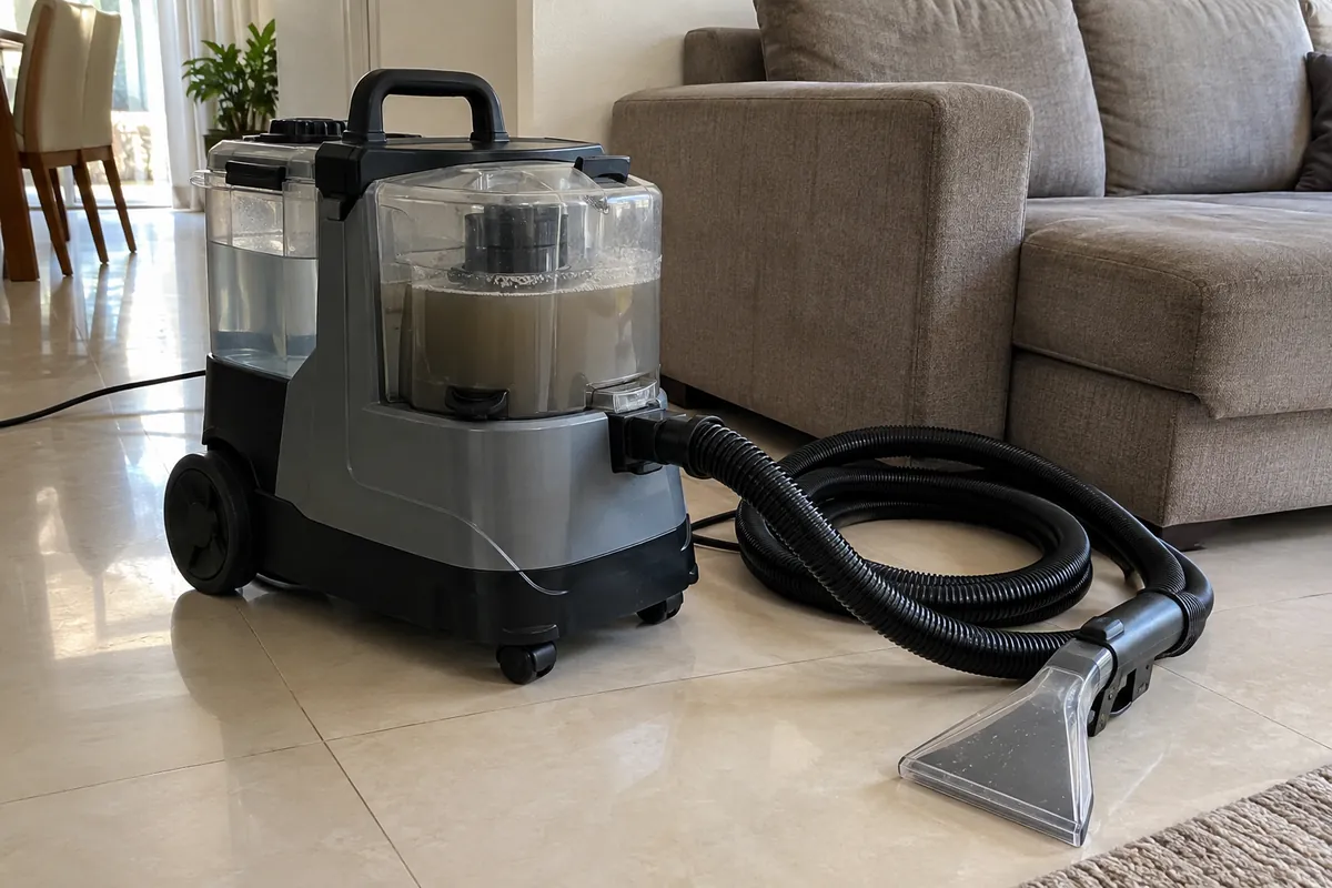 Extratora de estofados com tanque transparente e mangueira, no chão da sala ao lado do sofá.