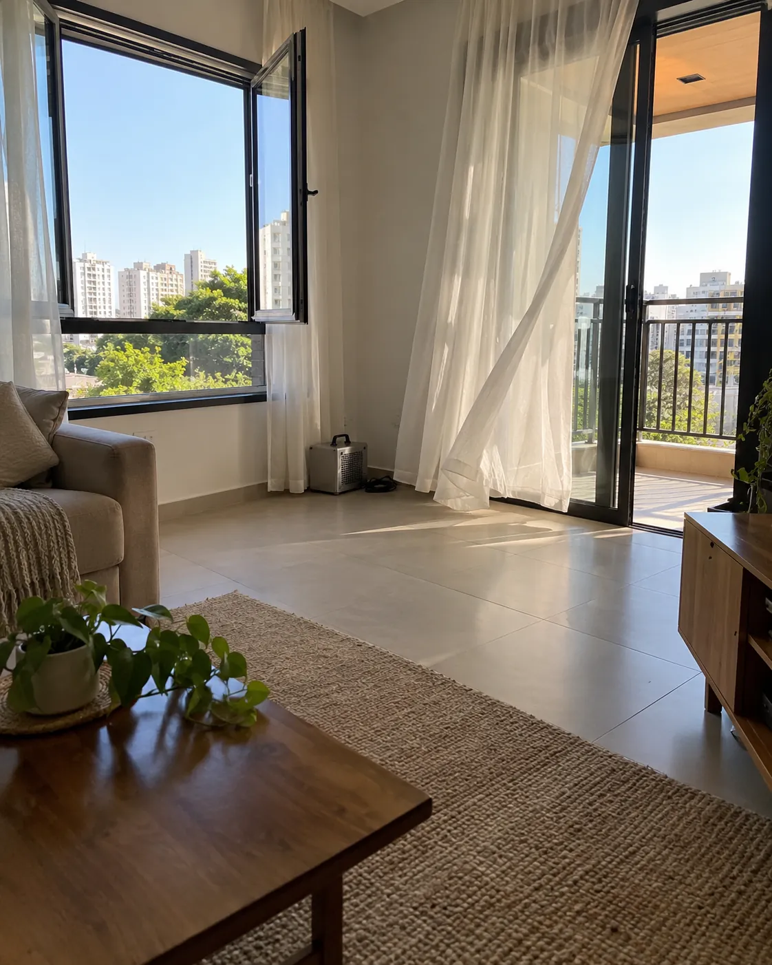 Sala com janela e porta da varanda abertas, para ventilar depois do ozônio.