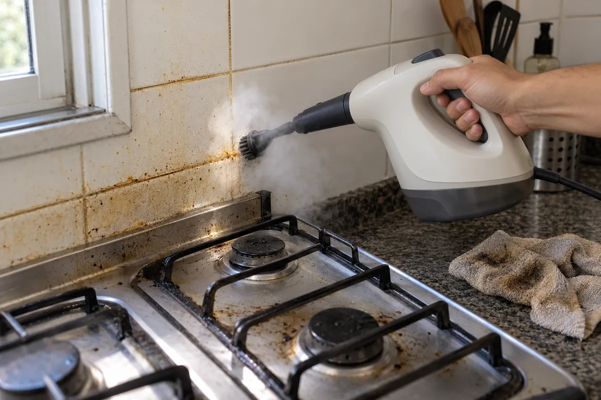Vaporizador de mão soltando vapor no azulejo engordurado atrás do fogão.