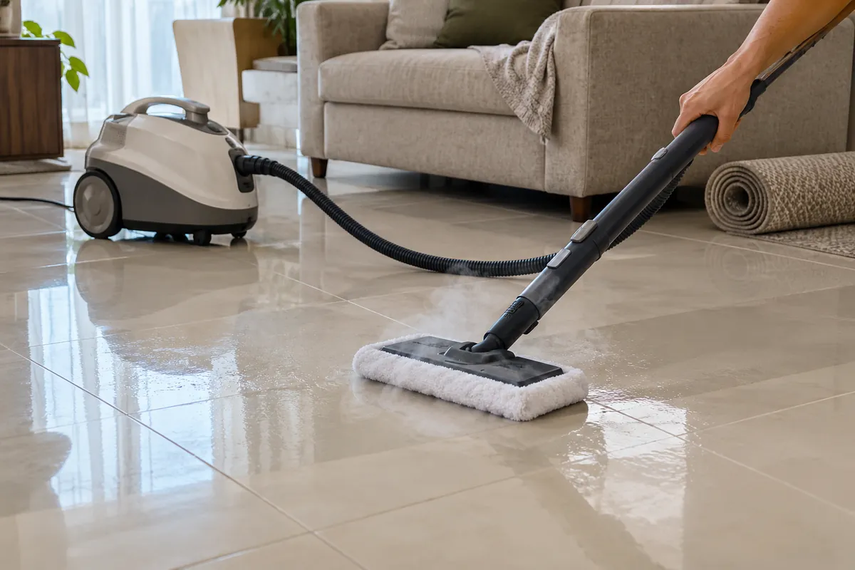 Máquina a vapor de caldeira com mangueira e mop de microfibra no piso de porcelanato.